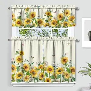Three Piece Sunflower Kitchen Valance Set, Floral Rustic Farmhouse Home Decor, Spring Summer Short Curtain Set for 36 Inch Sink Window Decor