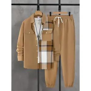 Men's Plaid Patchwork Shirt & Belted Pants Set, Casual Two-Piece, Comfortable Loose Fit, Long Sleeve Top & Pants Sleepwear