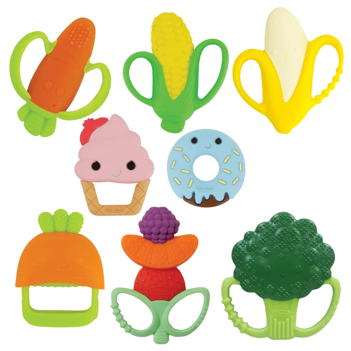 Soft Silicone Baby Teether - Sensory Exploration and Teether with Easy to Hold Handles - Carrot, Banana, Broccoli, Corn, Ice Cream & Donut