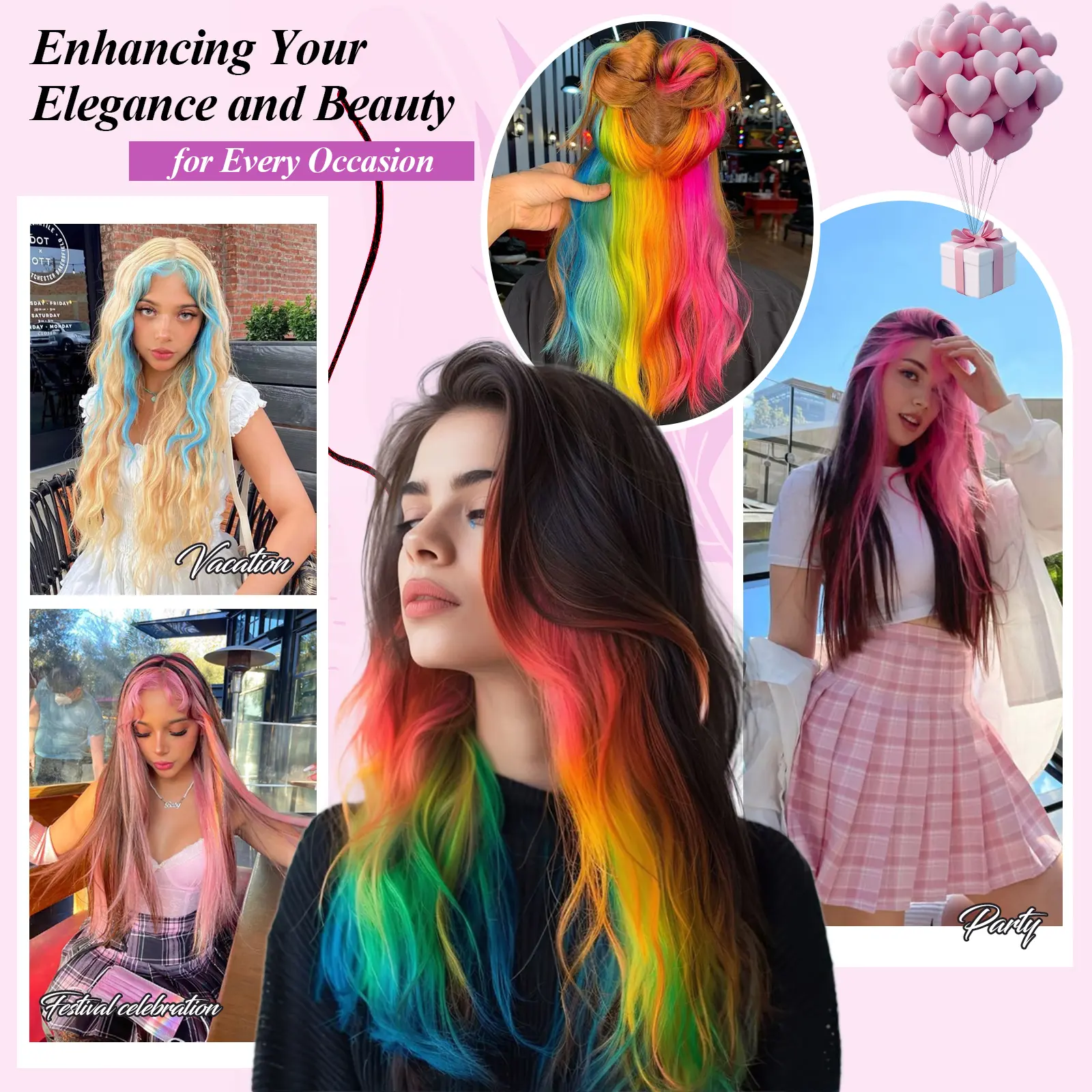 FXMONGYI Colored Hair Extensions 20Inch Straight Color Clip in Hair Extension Rainbow Party Highlights Synthetic Hairpiece