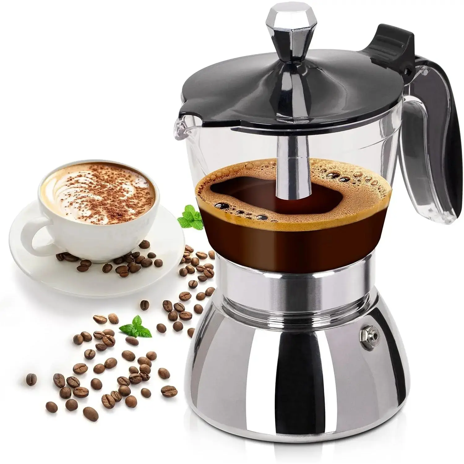 Plastic & Stainless Steel 4-Cup 200ml Uncoated Stovetop Coffee Maker, Italian Classic Greca Mocha Machine for Coffee Brewing,  & Home Use