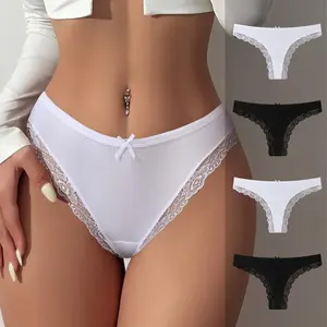 Hotcom Women's Plain Bow Decor Lace Trim Thong Panty Comfortable Breathable Fabric for Daily Wear Ladies Underwear All Seasons Cotton Bikini Sexy Thong Elegant Fit