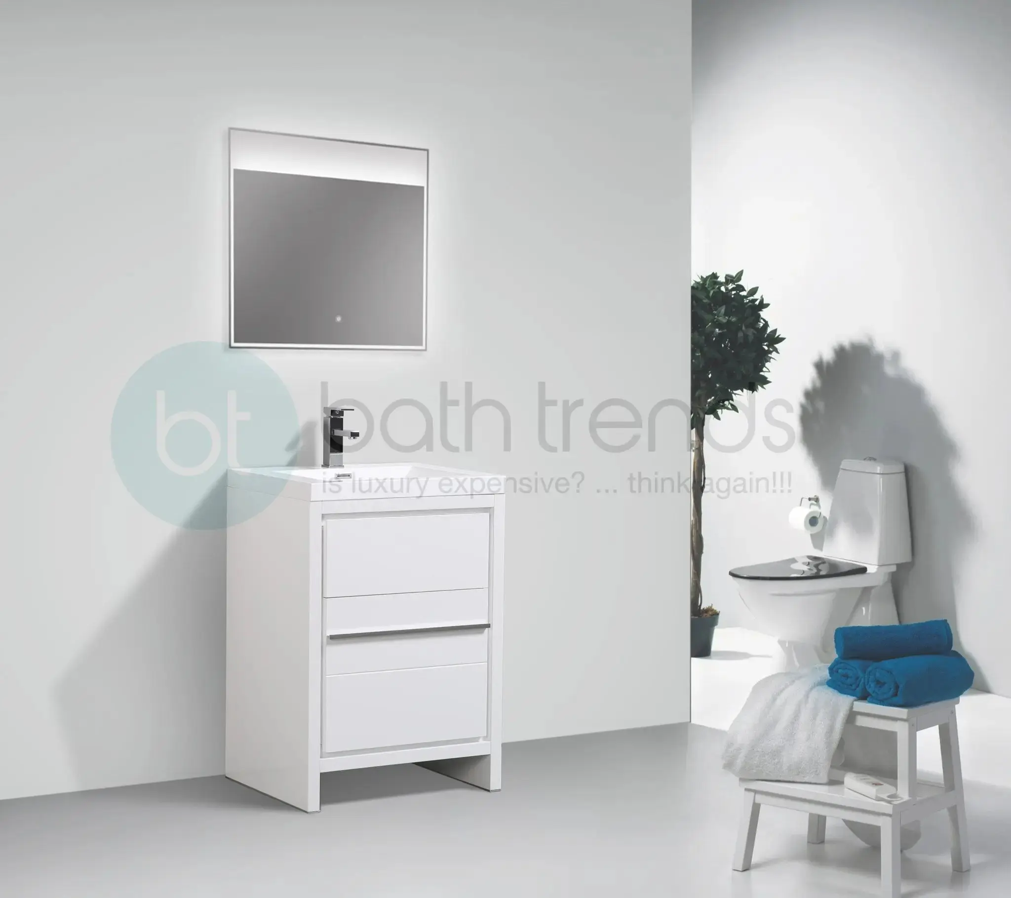 Granada 23.5 White High Gloss With Chrome Handle Cabinet, Square Cultured Marble Sink, Free Standing Modern Vanity Set