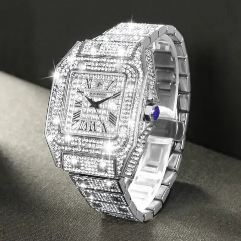 RICECGO Luxury Full-Diamond Men's Watch: Sparkling with diamonds, this timepiece features elegant design and refined details, showcasing a stylish man's charm, elevates your style, Quartz Analog Watch, Quartz Watches