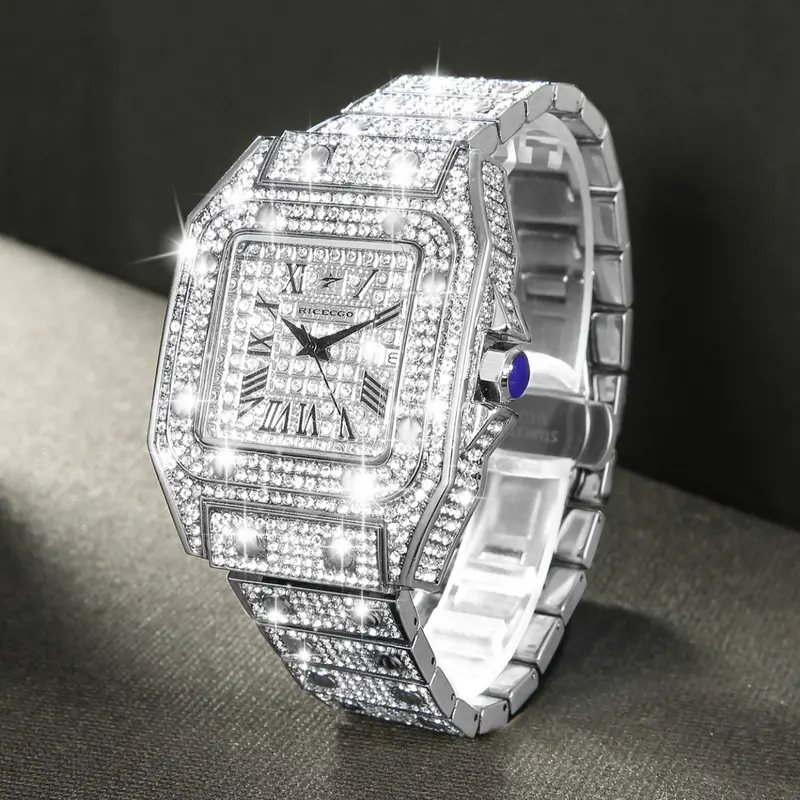 RICECGO Luxury Full-Diamond Men's Watch: Sparkling with diamonds, this timepiece features elegant design and refined details, showcasing a stylish man's charm, elevates your style, Quartz Analog Watch, Quartz Watches