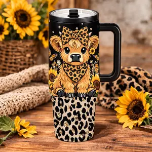 1 Pc 40oz Insulated Mug, Stainless Steel, Double Wall Vacuum Cup With Handle And Lid, Leak Proof Thermal Mug For Hot Cold Drinks, Keeps Hot 12 Hours Cold 24 Hours, Large Capacity Travel Mug, Vacuum Flask, Leopard Cow Design Gift Mug For Women Men