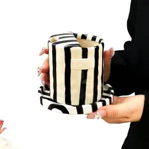 Vertical Striped Ceramic Coffee Cup Saucer, European Simple Handmade Mug, Classic Stripe Series, Multi-Purpose Thermal Cup for Home Restaurant Cafe