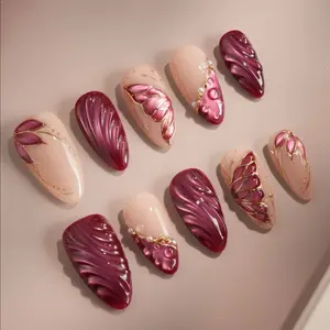 Almond Nail Shape Glossy Finish Medium Length Press-On Nails, Perfect for Girls' Dating Party, Almond Fake Nails