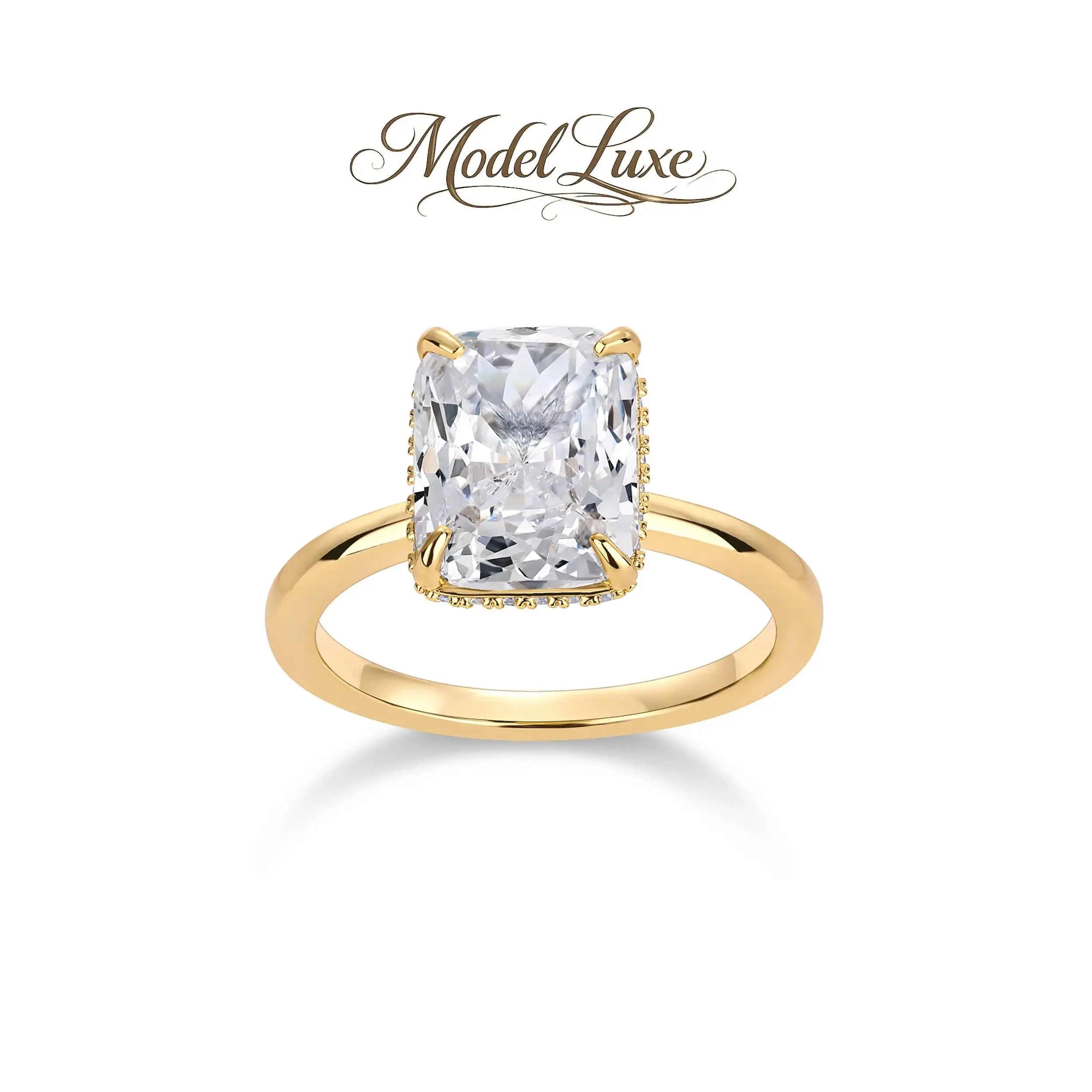ModelLuxe 14K Gold Plated 3.5CT Square Radiant Cubic Zirconia Engagement and Promise Ring for Women - Hidden Halo Ring