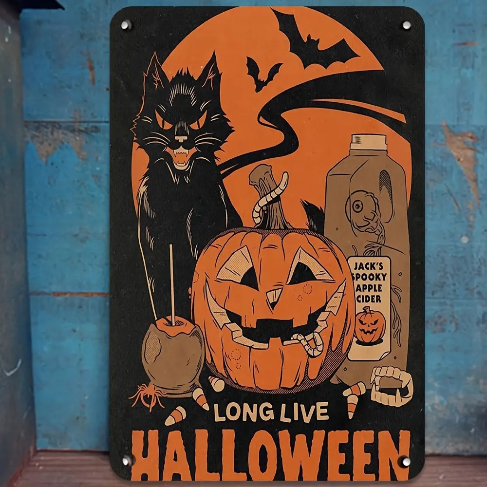 Vintage Classic Halloween Metal Iron Sign Decoration - 1pc 8x12in Wall Hanging, Spooky Black Cat & Jack-o'-Lantern Design, Durable Waterproof Dustproof Finish, Easy Install for Home, Garage, Beach Party