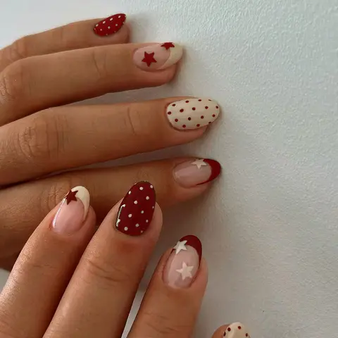 24pcs Short Oval French Acrylic False Nails Set, Fake Nail, Decorative Nails, Nail Art Diy, Star & Polka Dot Design, Glossy Finish, Perfect for Women and Girls, Summer Nails