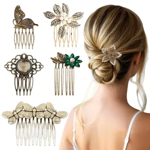 6 Pack  Hair Side Combs for Women Decorative,Butterfly Flower Leaf  Rhinestone Metal Hair Comb  Clip with  Grip  Bridal Hair  Pins for Wedding Accessories