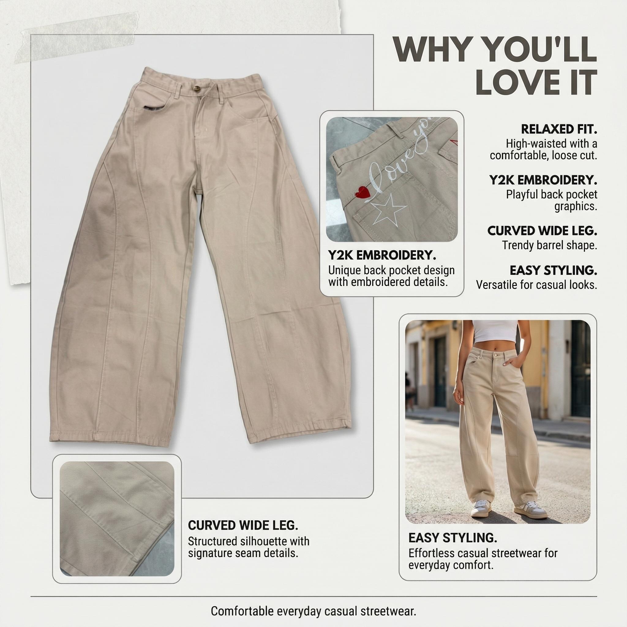 Women’s Baggy Barrel Jeans Comfortable Relaxed-Fit Wide-Leg Pants with Y2K-Inspired Coquette Star and Heart Graphics—Cute Everyday Casual Streetwear