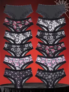 Morvia 12pcs Sexy Cute Gothic Halloween Contrast Lace Hipster Panties, Allover Print Comfy Intimates Briefs Panties, Women's Underwear & Lingerie