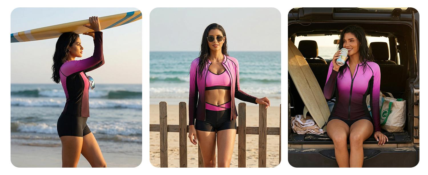 Daci Women Three Piece Rash Guard - Long Sleeve Zip Up Swim Shirt with Sports Bra and Shorts UPF 50+ Modest Swimuits