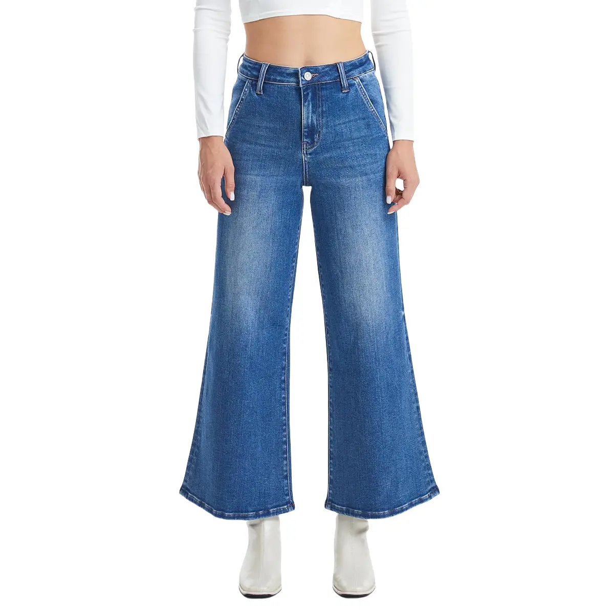 Vogatiques High Rise Carpenter Wide Flare Leg Jeans BYW8085 Mid Blue Denim Pants