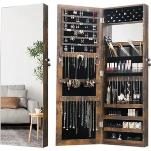 Full Length Mirror  Armoire  Cabinet - 2-in-1 Organizer for Makeup and  Lockable Storage Over The Door Mirror With  Storage- Rustic Brown