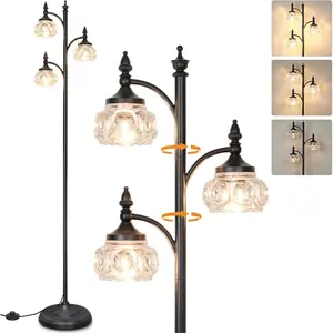Black Floor Lamp for Living Room,Tall Standing Lamp Dimmable Tree Floor Lamps with 3 Rotatable Lights Glass Shade 66.5'' Modern Corner Lamp for Bedroom Office(3LED Bulbs Included)