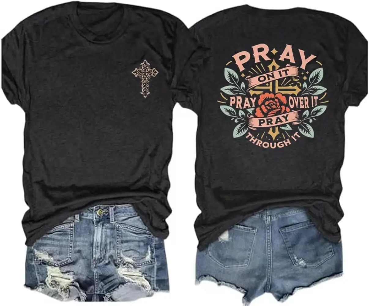 Women's Retro Christian Jesus Faith Crewneck Round Neck T-Shirt, Streetwear Essential with Cross, Pray Floral Prints, Bible Verses, Comfortable Short-Sleeve Inspirational Everyday Women's Clothes T-Shirt,summerwins,Casual,shirts