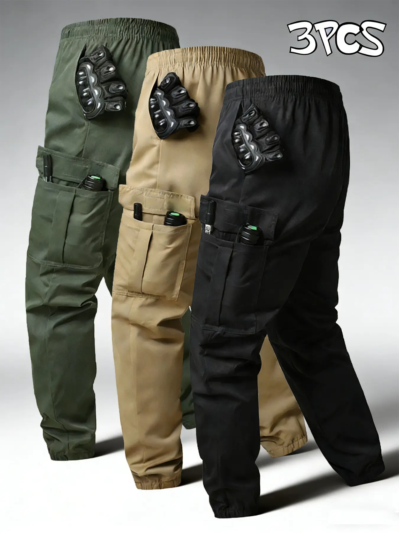 Men's Tactical Work Pants Set of 3, Casual Fitted Trousers, Casual Slant Pocket, Multi-Pocket Design, Durable Polyester & Spandex Blend, Elastic Fabric, Comfortable and Stylish