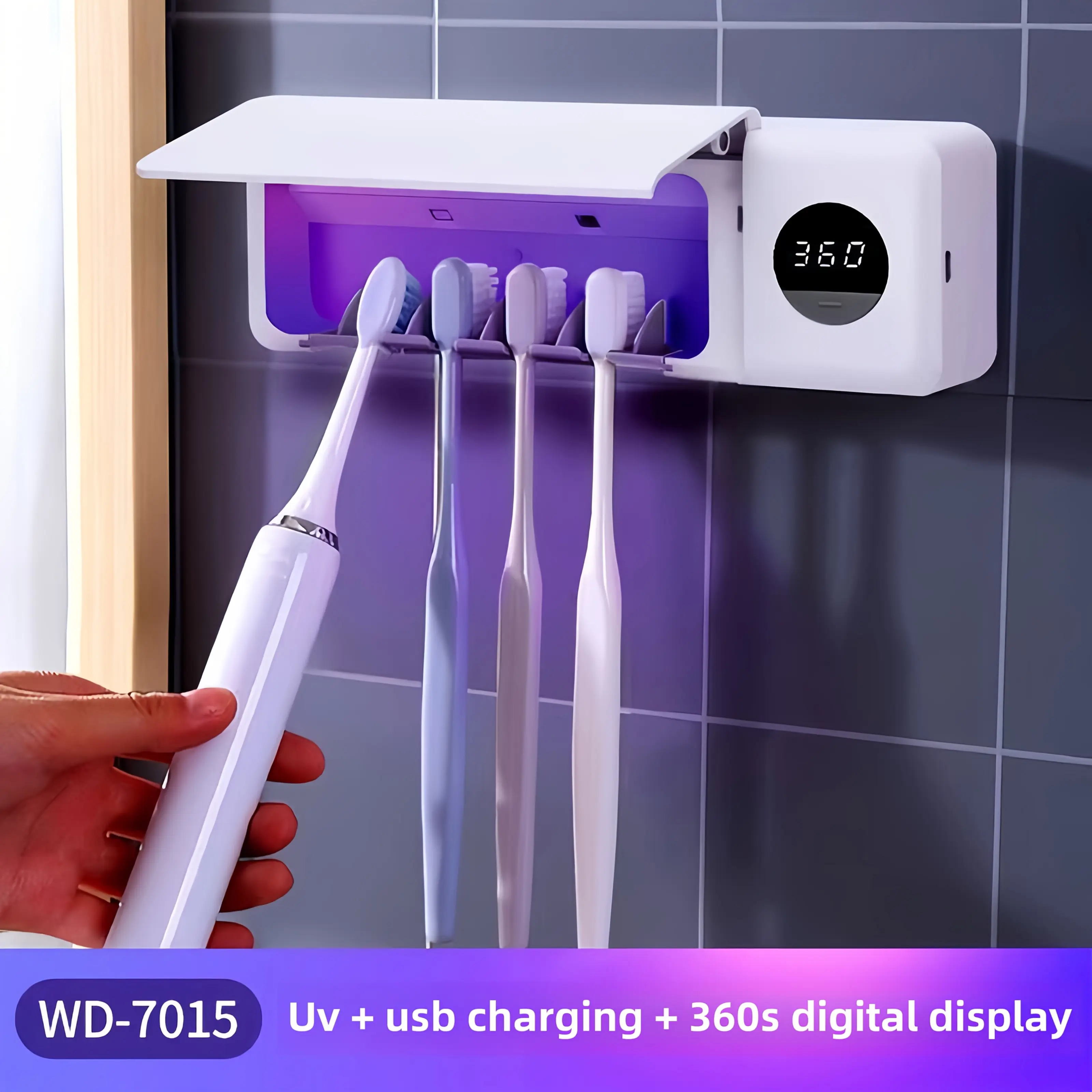 ABS Smart Toothbrush Holder, Bathroom Accessory with UV Disinfection, White USB Charging, Intelligent Digital Display for Sterilizing & Bacteria-Killing Toothbrush Storage, Sterilizing Toothbrush Holders