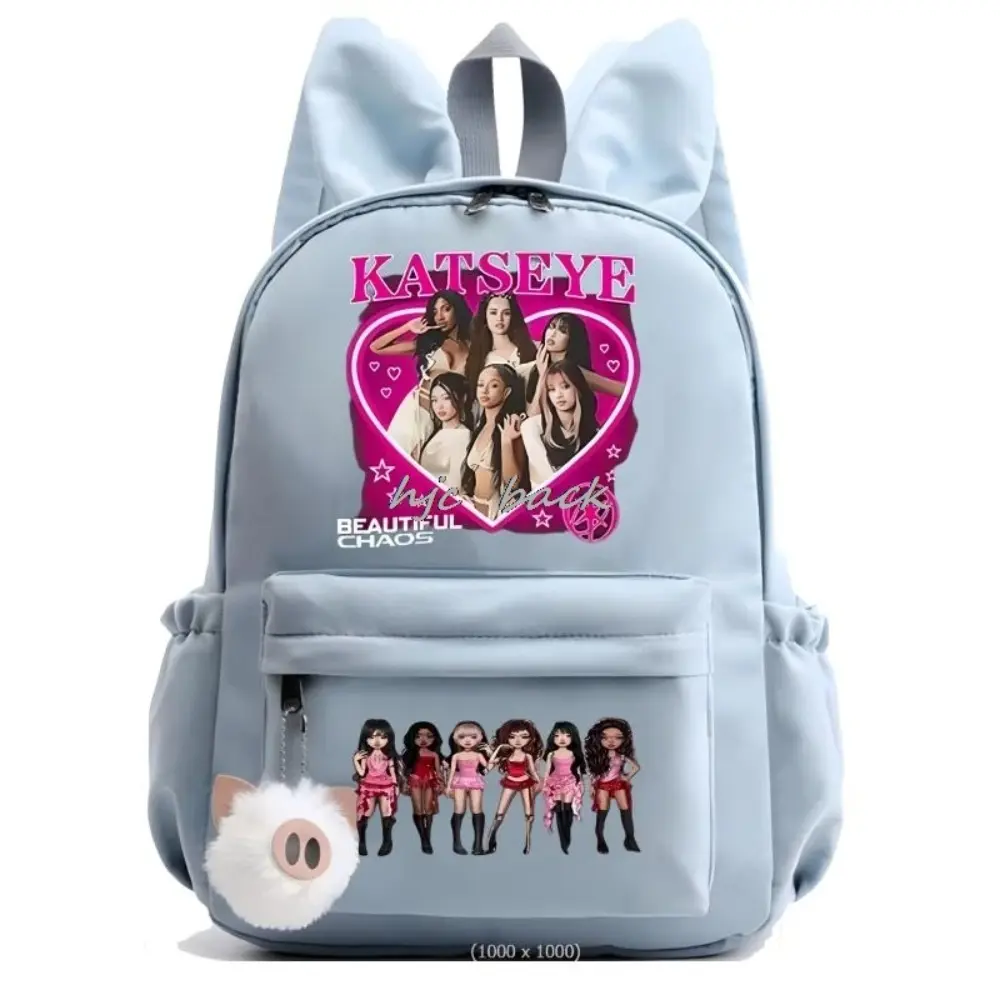 Hot Katseye Funny Print Cartoon Backpack – Unisex Oxford School Bag with Front Zipper Pocket & Side Holders For Boys Girls