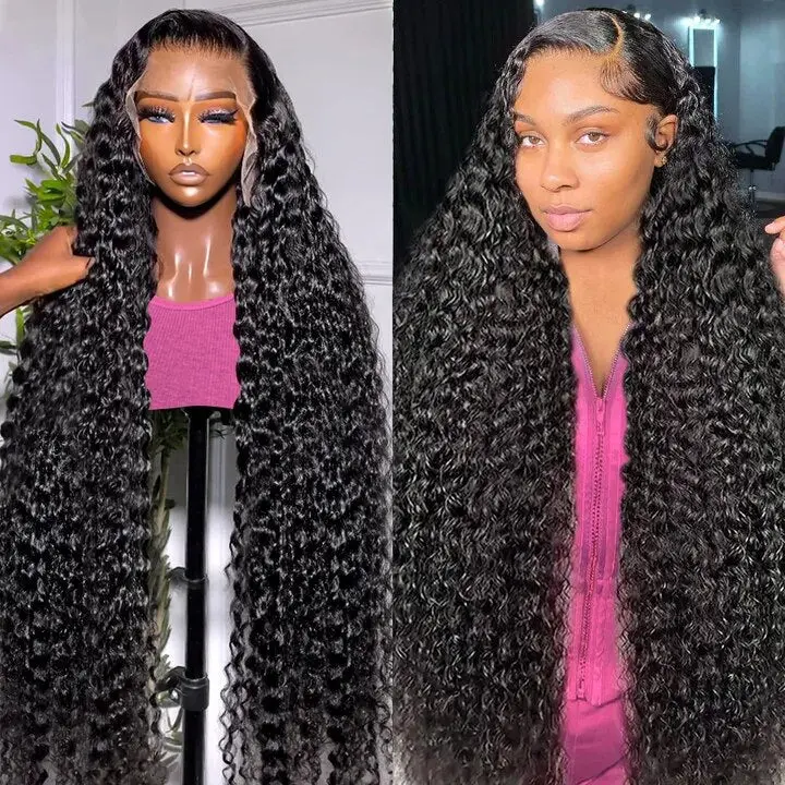 13x4 Deep Wave Lace Front Wigs Human Hair Glueless Human Hair Wigs 180 Density Curly HD Transparent Lace Frontal Wig Brazilian Wet and Wavy Water Wave Human Hair Wigs for Women Pre Plucked with Baby Hair Natural Color