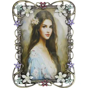 Vintage Photo Frame 4x6, Metal photo frame with European Floral Ornate Enamel Flower & Bronze Metal Design with HD Glass for Wedding/Family Memory Photos, Retro Style Home Decor Gift