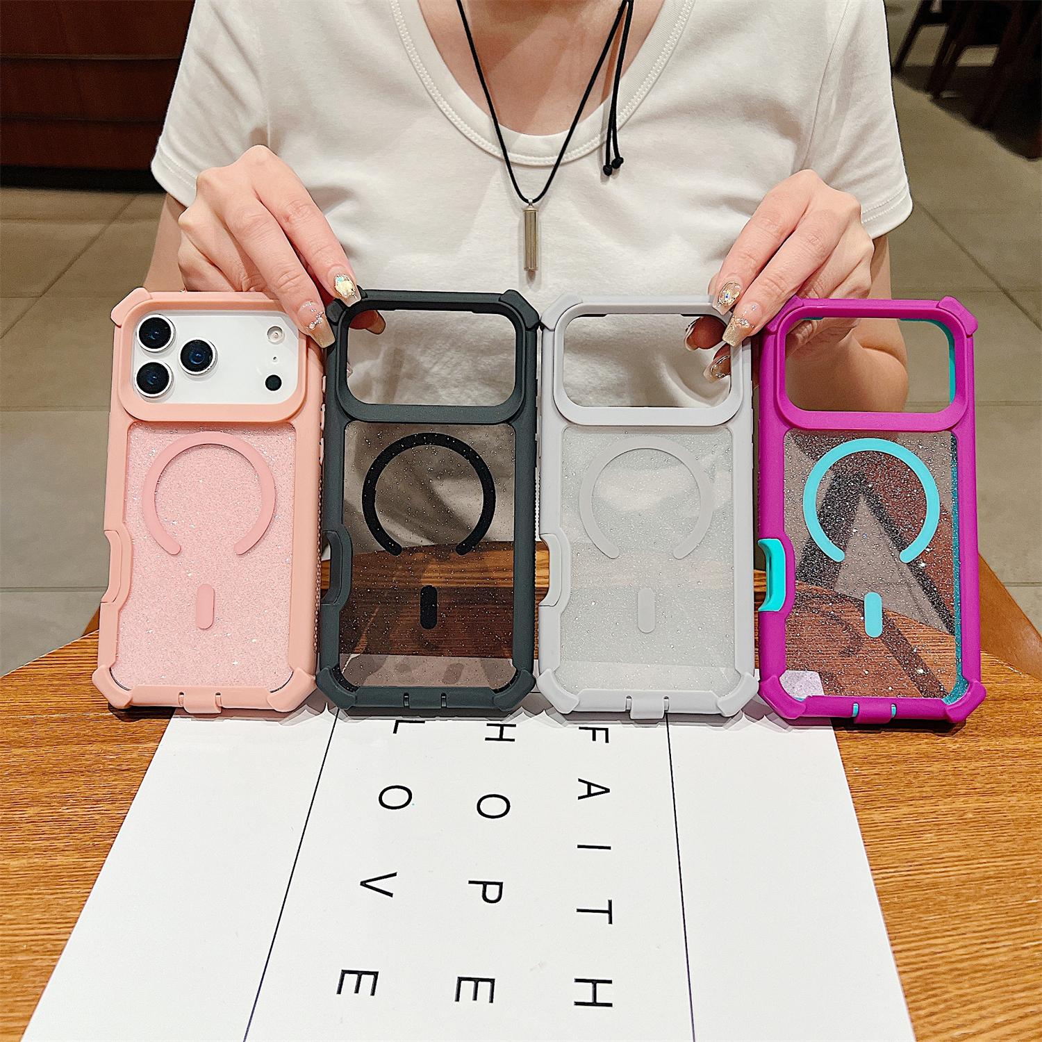 Magnetic Glitter Color 2-Layer Case for iPhone 17 Pro Max 16 15 14 13 Pro Max, Cute Sparkly Clear Phone Case for Women Girls, Compatible with MagSafe, Shockproof Drop Protection, Anti-Slip Bumper Cover