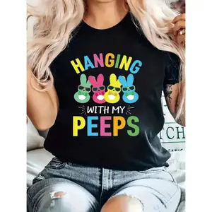 2025 Easter- Themed Women'S T- Shirt.Colorful And Trendy "Hanging With My Peeps" Lettering, Adorable Bunny Cartoon Prints.Breathable Cotton, Plus- Size, Round- Neck.Spring/Summer Hit