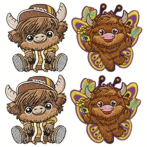 Highland Cow Iron-on Patch 4pcs, Cute Animal Embroidered Applique Patches for DIY Crafts Polyester Material Perfect for Clothes Bags Jackets
