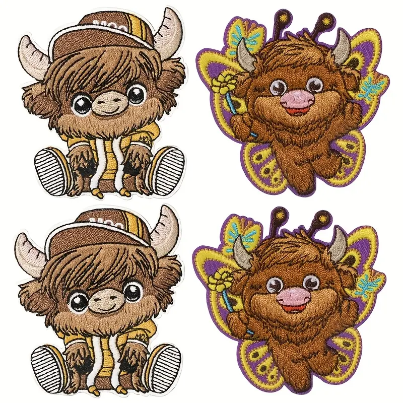 4pcs Highland Cow Iron-On Embroidered Fabric Patches - Cute Polyester Animal Applique, Durable Pocket-Sized Sewing Supplies, Heat Transfer Trim & Embellishments, Easy Iron-On/Stitching for DIY Crafts, Clothes, Durability