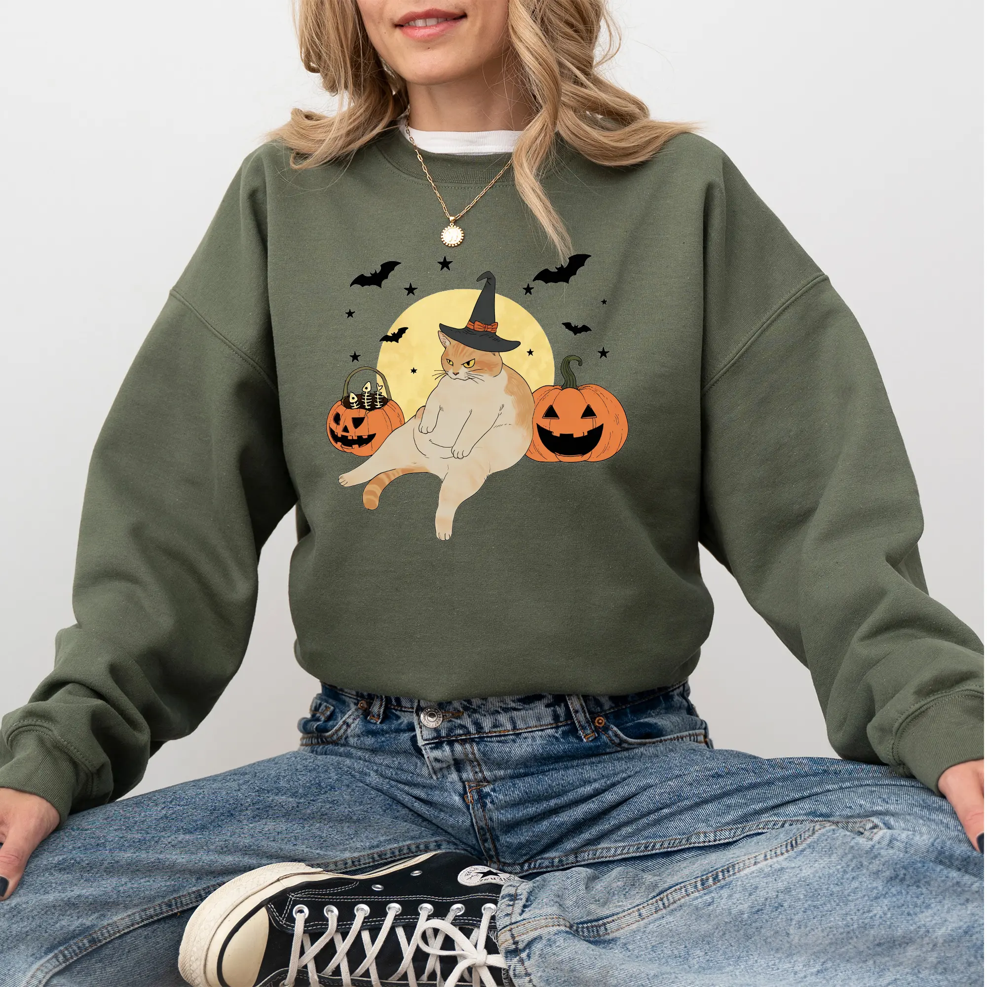ChicCotton Funny Halloween Pumpkin Cat Sweatshirt, Witchy Orange Cat Crewneck, Meme Halloween Long Sleeve Pullover, Funny Spooky Vibes Sweater