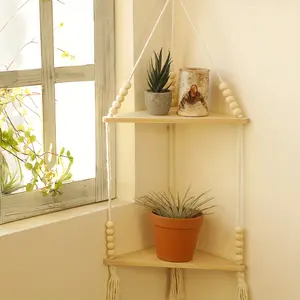 1pc of Macrame Hanging Shelf, Bohemian Wall Decoration, Handcrafted Rope Rustic Wooden Floating Shelves, Ideal for Displaying Photos And Plants, Suitable for Bathrooms