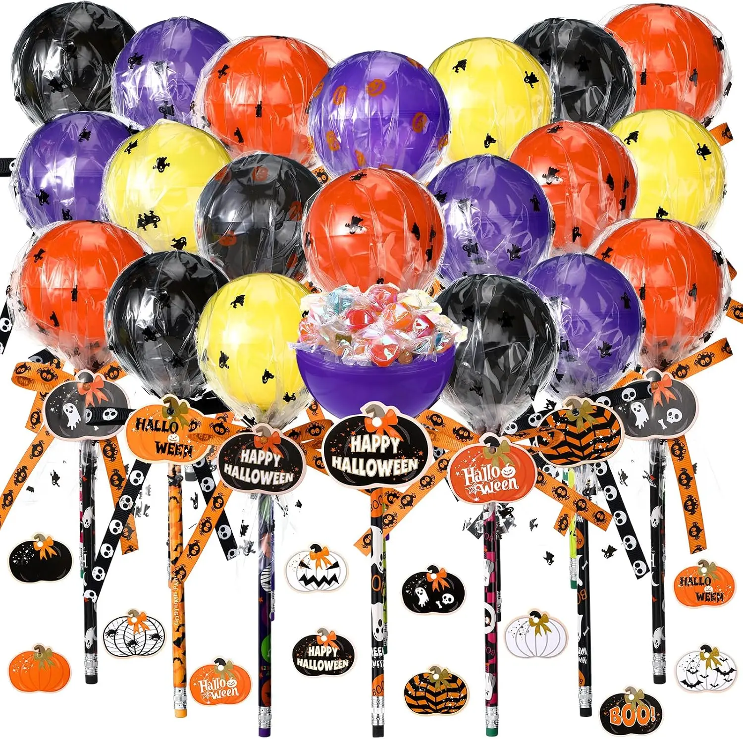 Halloween Fall Gift 96 Pcs Halloween Party Favors Gift Trick or Treat | Halloween Pencil Empty, Giant Lollipop Stationery, Candy Fillable Hold Plastic Lollipop Storage, for Classroom Gifts