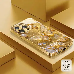 New diamond gold butterfly pattern high aesthetic value full-cover simple durable tempered glass phone case suitable for iPhone 17 Pro Max 16 11 15 14 13 12 Pro Max Plus