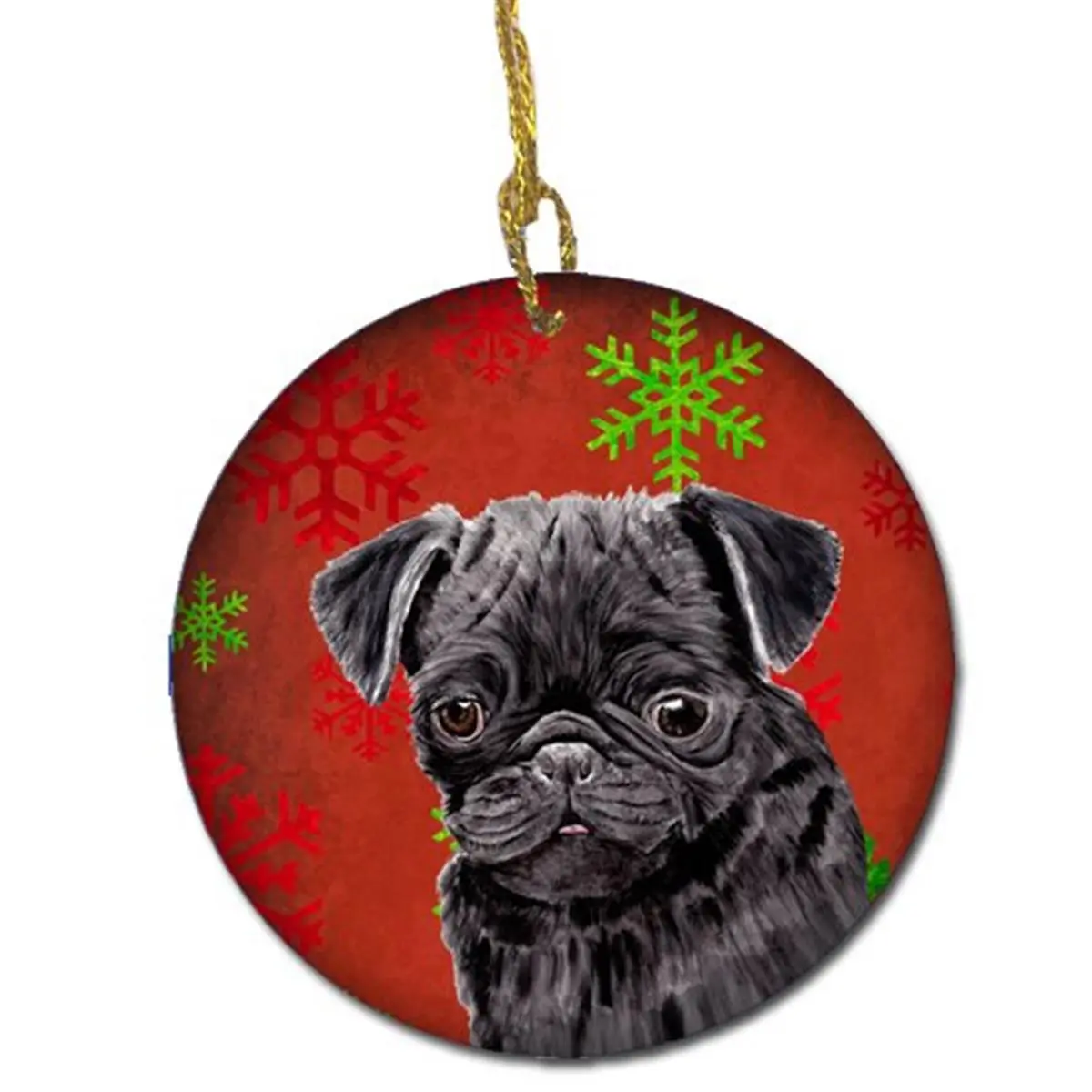 Pug-Themed Red Snowflakes Holiday Christmas Ceramic Ornament, Festive Home Decor Gift, Paint