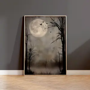 Unframed, Room Decor, Moody Printable Art, Gothic Halloween, Eerie Halloween Decor, Spooky Full Moon Landscape Print, Dark Academia Decor