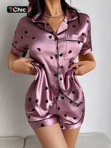 Women's 2-Piece Satin Pajama Set, Heart Pattern Fitted Top with Pocket, Bow Short Pants, Casual Home Wear, Comfortable Sleepwear