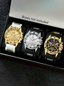 3 Cool Quartz Watches, Trendy Industrial Style, Large Dial with Unique Hands, Rubber Strap, Comfortable Wear, Suitable for Men, Quartz Analog Watch