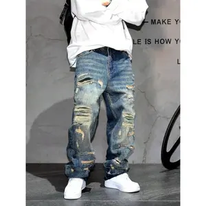 Men's High Street Loose-Fit Denim Jeans, High Quality Jeans, Plain Pattern Straight Leg Pants, All Season Fashionable Design, Trendy Casual Wear