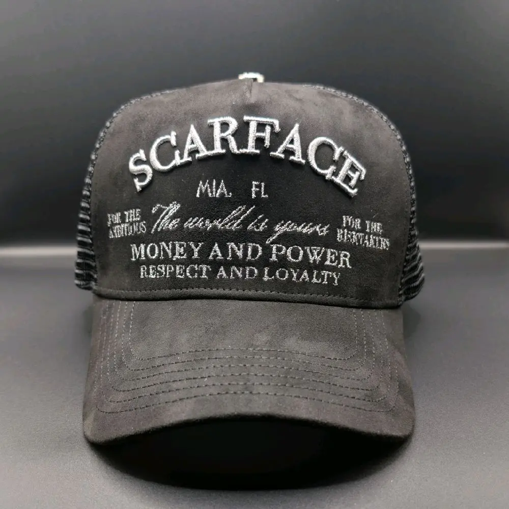 Scarface District Suede Trucker Snapback Hat, Unisex Fit, Casual Daily Wear Accessory for a Stylish Everyday Look