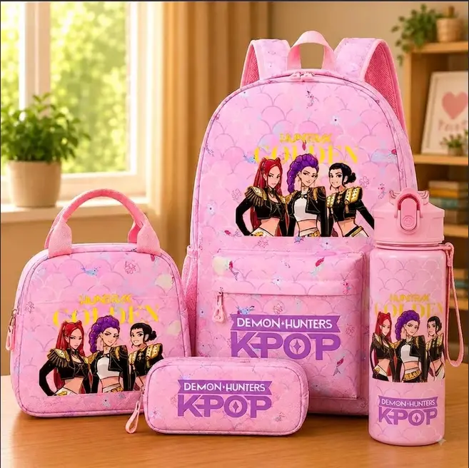 KPop Demon Hunters 4Pcs Backpack Set - HUNTRIX GOLDEN Edition School Bookbag, Insulated Lunch Bag, Pencil Case & Water Bottle - Pink Scale Set for Teens & Students