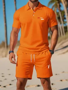 Men's Paris Letter Print Polo Set, Collar Short Sleeve, Drawstring Shorts, Summer Quick-Dry Casual Men's Clothing