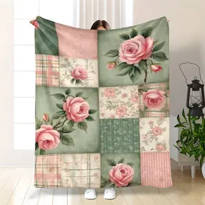 Cozy Patchwork Throw Blanket |   Soft Pastel Pink, Beige, Green & Golden Plaid & Floral Bedspread - All-Season, Lightweight Durable Polyester Flannel Bedding For Sofa, Bed, Travel - Multipurpose Use