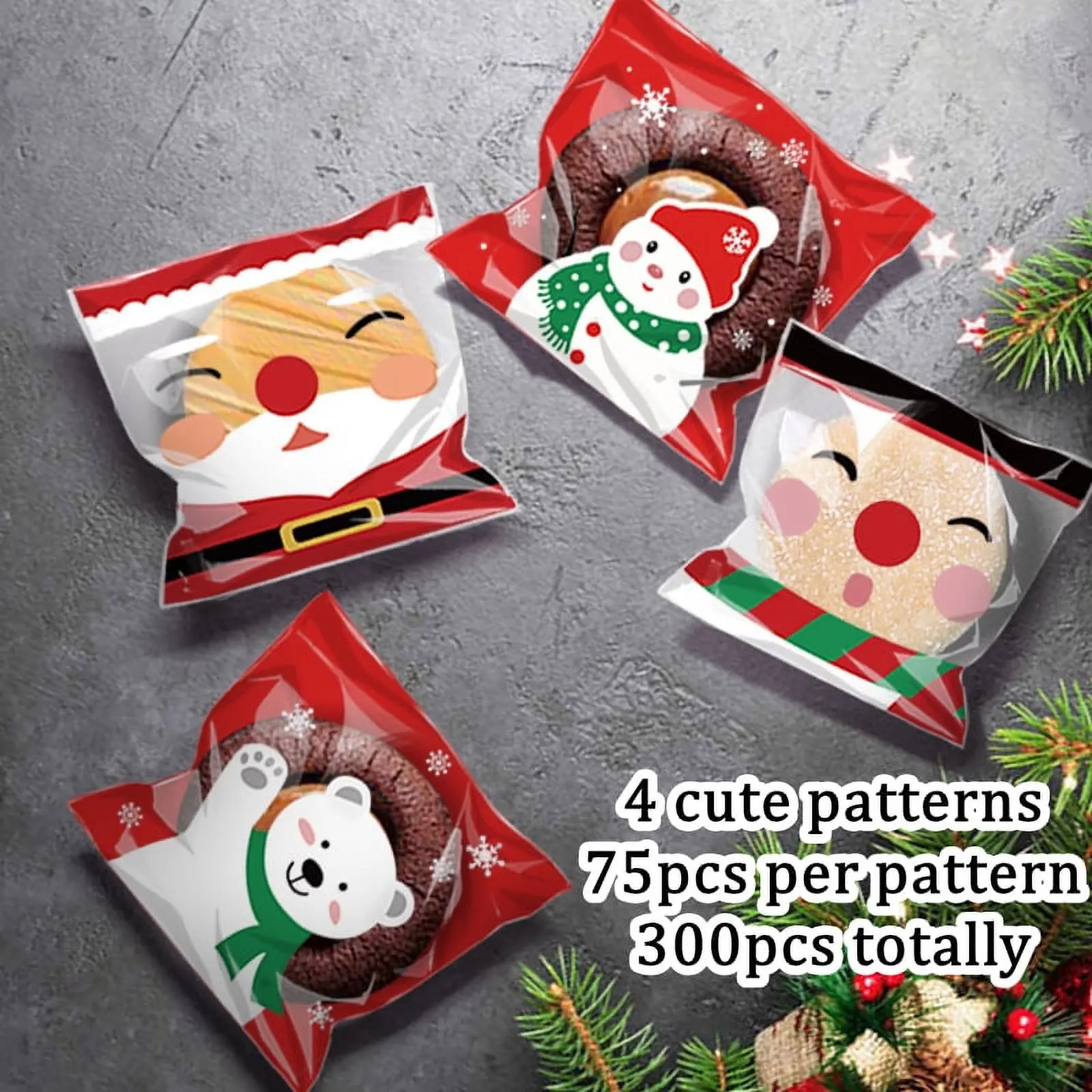 Christmas Cellophane Treat Bags, 300Pcs Self-Adhesive Cookie Bags with Santa, Snowflake, Snowman, Bear Patterns for Candy, Party Favors Gifts