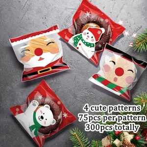 Christmas Cellophane Treat Bags, 300Pcs Self-Adhesive Cookie Bags with Santa, Snowflake, Snowman, Bear Patterns for Candy, Party Favors