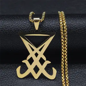 Lucifer Seal Pendant Necklace, Stainless Steel Triangular Badge, Men's Gothic Geometric Style Jewelry, Titanium Steel Chain