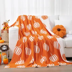 Fall Pumpkin Knit Throw Blanket, 50 x 60 Inch Autumn Halloween Reversible Knitted Throw Blanket, Cozy Soft Lightweight  for Couch Sofa Bed(Orange and White)