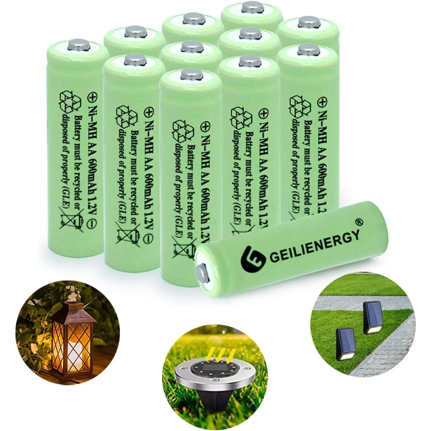 Ni-MH AA Rechargeable Batteries,Ni-MH AA 600mAh 1.2V Rechargeable Batteries for Solar Lights-12 Pack